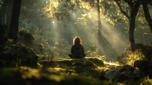 Woman meditating in peaceful forest with sunlight rays at dawn