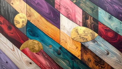 Colorful vertical wooden planks with metallic discs, vibrant textures and artistic wall decor.