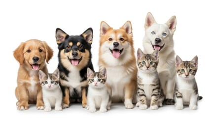 A group of dogs and cats sitting together in front of a white background.