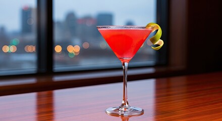 A vibrant red cocktail with a lemon twist on a wooden table with a city skyline in the background.