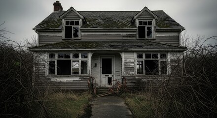 An old, dilapidated house with a roof covered in moss and broken windows, surrounded by overgrown vegetation and bare trees.