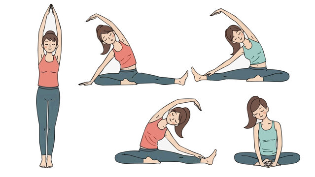 Dynamic illustrations of a woman performing diverse yoga and stretching exercises, emphasizing flexibility, balance, and mindfulness for a healthy and calm lifestyle