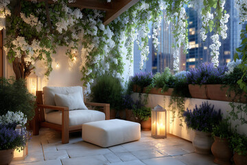 Naklejka premium City balcony with comfortable seating area potted plants and cascading white tree blossom at dusk, luxury apartment terrace outdoor living space with warm lighting and urban view.