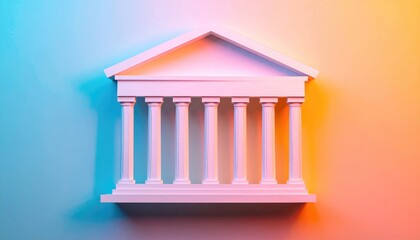 A classical building with a row of columns under a colorful gradient light. The structure evokes a sense of history, architecture, and cultural significance