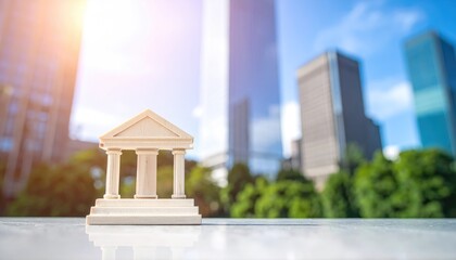 Miniature building model of a bank with blurred modern skyscrapers background