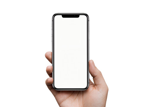 Realistic Hand Holding Modern Smartphone with Blank White Screen Isolated on Transparent Background
