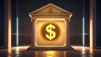 Illuminated bank building with a prominent dollar sign emblem. The architecture showcases a classic design, and financial concept 