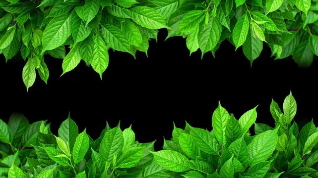 Green leaves on black background for decorative frame