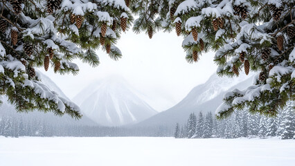 Serene winter landscape framed by snow-laden pine branches