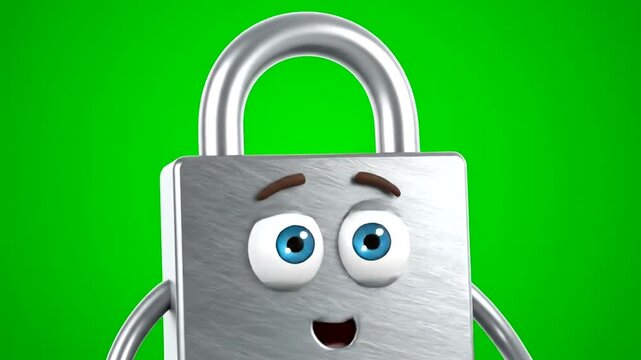 Animated padlock character with changing emotions on a green screen background.