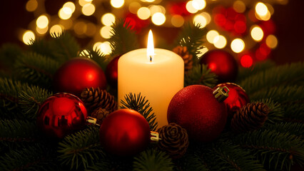 Cozy christmas candle surrounded by red ornaments and pine cones