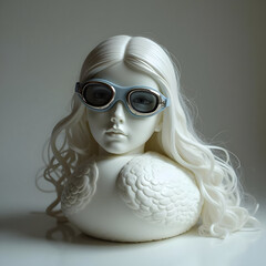 Mannequin head wearing swim goggles attached to a white bird body