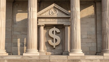 A financial institution facade with a prominent dollar sign, suggesting wealth and banking. The structure features pillars and architectural details