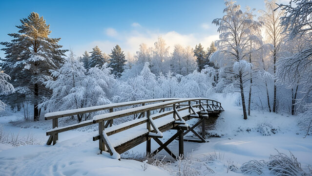 Serene winter landscape with snow-covered bridge and pine trees