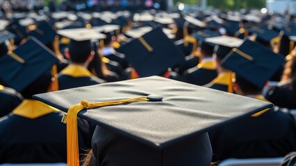 Graduation ceremony with many students wearing caps
