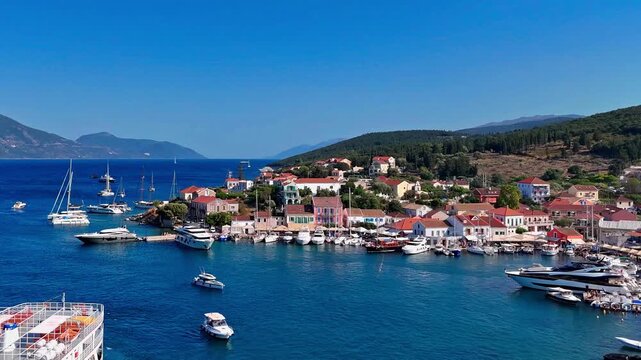 Aerial drone view of Fiskardo harbor, Kefalonia, Greece, showcasi...