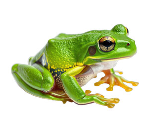 Obraz premium Vivid green frog with yellow markings, big golden eyes, and a bright orange underbelly