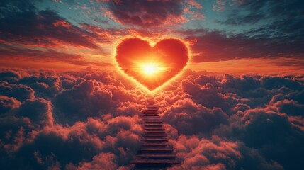 The staircase ascends towards a glowing heart in the clouds, symbolising the pursuit of love and dreams — suitable as an artistic backdrop for motivational posters and romantic projects.