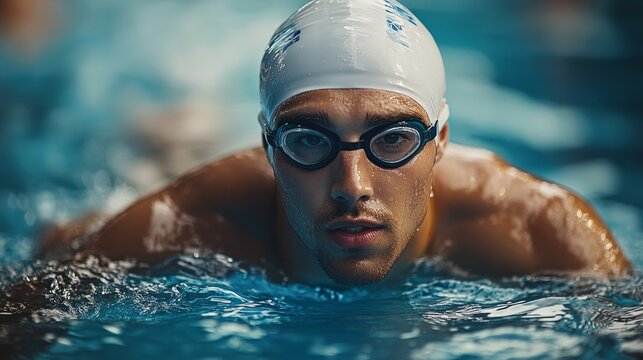 An athlete in a swimming pool wearing goggles and a cap is focused on achieving results, embodying willpower &mdash; an excellent motivational backdrop 