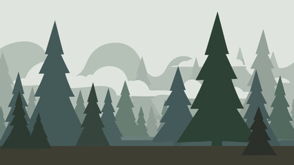 Obraz premium Stylized Silhouettes of Evergreen Trees in a Misty Forest Landscape, Evoking a Sense of Calm and Natural Serenity