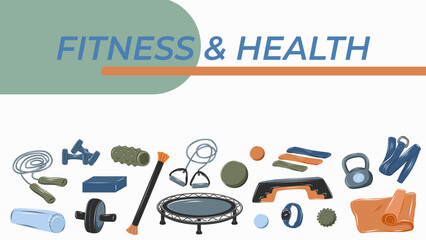 Fitness and health web banner with sports equipment set. Modern flat illustration for gym websites, wellness services, fitness marketing and landing page design.