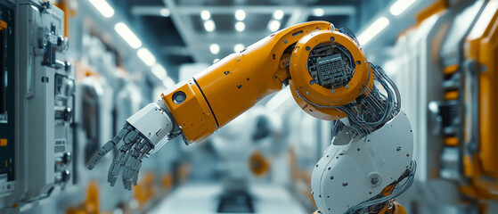 A robotic arm in a modern workshop demonstrates production automation, highlighting technological progress and innovation — the ideal technical backdrop for presentations on industry.