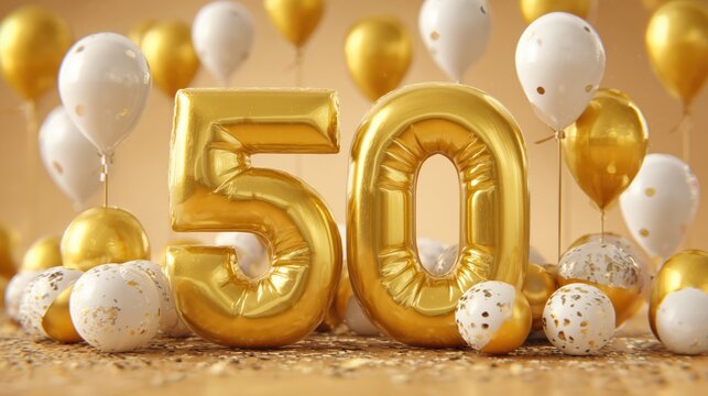 Golden Foil Balloon Number 50 with White and Gold Balloons for 50th Anniversary Celebration