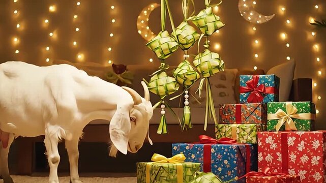 Festive white goat standing beside colorful Eid gifts and traditional woven Ketupat decorations under warm lights.