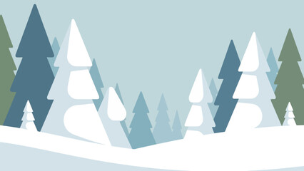 Winter forest landscape with snow-covered fir trees, serene and calming blue and green tones evoking a peaceful, natural, and tranquil atmosphere during the colder months