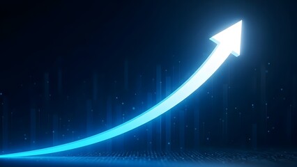 Glowing neon blue arrow curving upward against a dark digital background representing financial growth, market recovery, and business success.