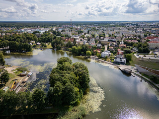 Drone photo of Augustow city on the Netta River and Augustow Canal, Podlaskie region, Poland