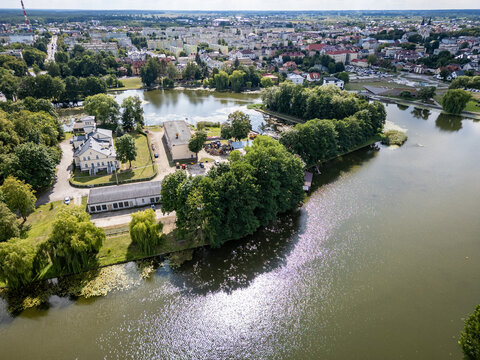Drone photo of Augustow city on the Netta River and Augustow Canal, Podlaskie region, Poland