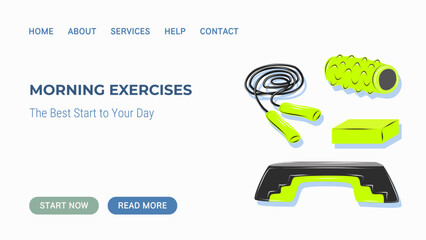 Morning exercises web banner with fitness equipment icons. Flat illustration for workout websites, training programs, sport apps and healthy lifestyle platforms.