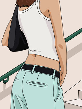 Vector Illustration of a Fashionable Young Woman Walking Up the Stairs Wearing a White Top. Concept for Path and Career Development Concept