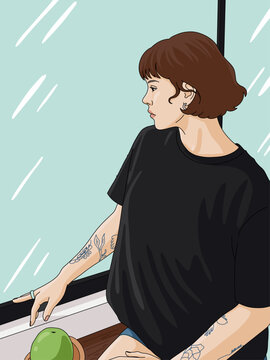 Vector Illustration  Portrait Side View Young Woman Looking Away Sitting by a Window in Modern Loft