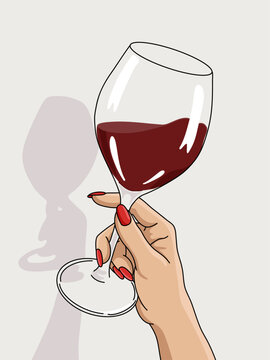 Women's Hands Holding a Red Wine Glass on  Celebration Toast. Close-up Illustration Isolated in Light Background