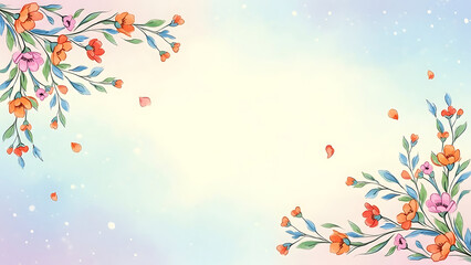 Aesthetic Floral Border Background with Hand-Drawn Flowers, Pastel Gradient and Soft Spring Vibes