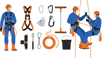Industrial rope access worker safety equipment illustration with harness, carabiners, helmet and climbing tools © Sumon Creative