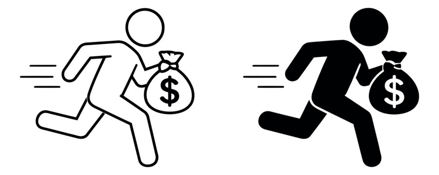 Line art and solid icon set featuring a running person holding a dollar money bag for financial crime and urgency related designs