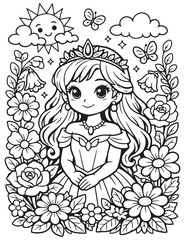Obraz premium Garden Princess Coloring Page, Floral Fantasy Line Art
