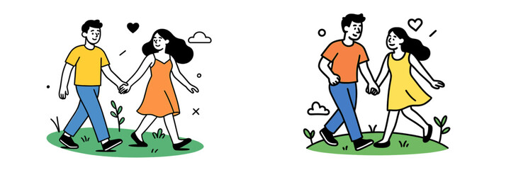 Naklejka premium Couple walking hand in hand on sunny day in nature setting