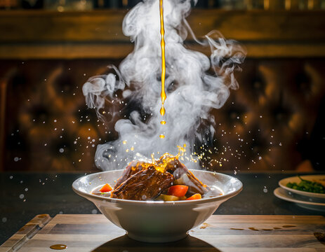 Hot savory stew being poured into a bowl creating steam and splashing, a hyperrealistic cinematic commercial food scene with a dark background