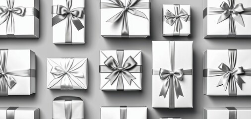 white gift boxes with silver ribbons on grey background, concept of retail, luxury, celebration, banner