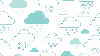 Simple weather themed pattern illustrating clouds with rain drops and hail stones in a minimalist teal and white color palette.