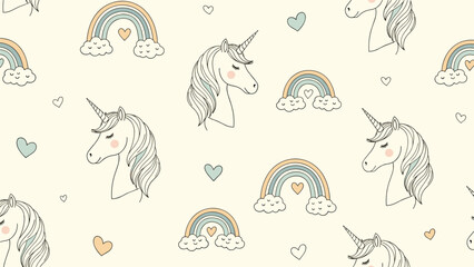 Enchanting children s pattern with cute white unicorns rainbows clouds and hearts in a soft pastel color palette on a cream base.