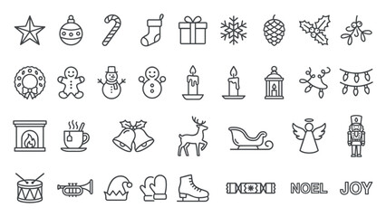 Christmas icon set vector. Holiday decoration line icons. Minimalistic style collection. Winter outline symbols. New year festive elements. Simple xmas design. Clean stroke graphics.