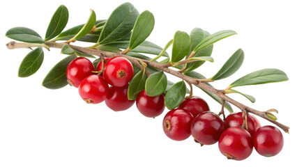 Lingonberry Branch with Fresh Red Berries and Green Leaves Isolated on White Background, Vibrant and Healthy Fruit