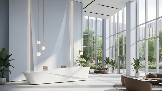Vest&iacute;bulo de oficina minimalista con muebles modernos, iluminaci&oacute;n suave, atm&oacute;sfera tranquila, paredes blancas, iluminaci&oacute;n de estudio profesional.