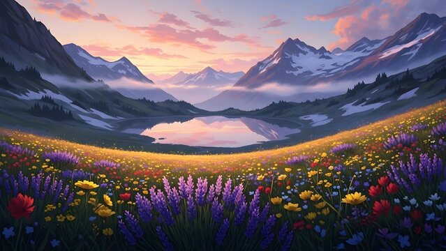 una pintura de un lago de monta&ntilde;a rodeado de flores de lavanda y monta&ntilde;as.
 IA generativa