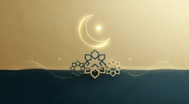 Elegant Islamic background with glowing crescent moon, star, and geometric patterns for Ramadan and Eid celebrations.